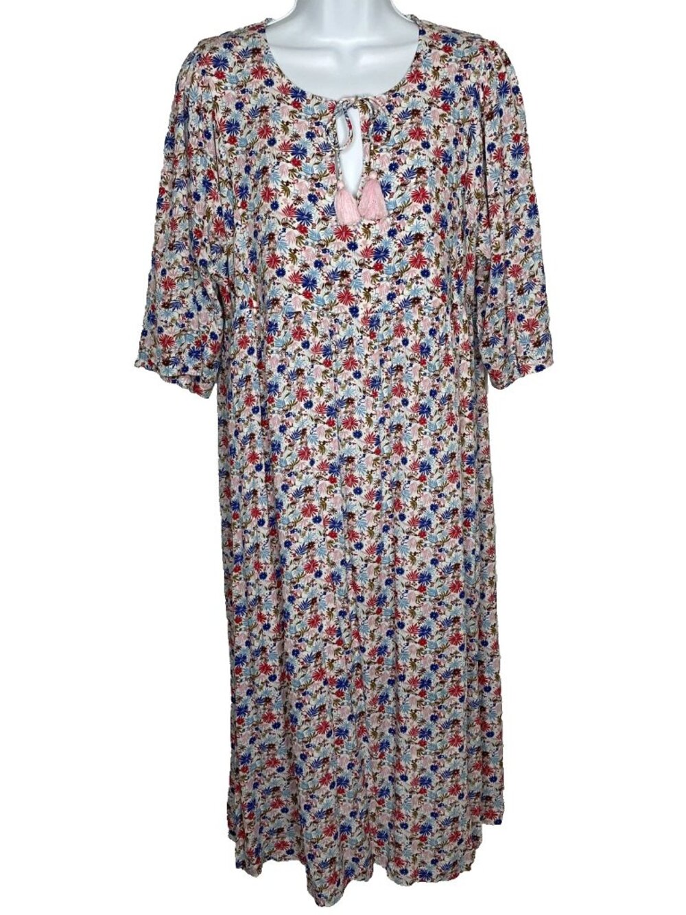 Boden Crinkled Rayon Midi Shift Dress Size 6 White Red Blue Floral 1/2 Sleeve